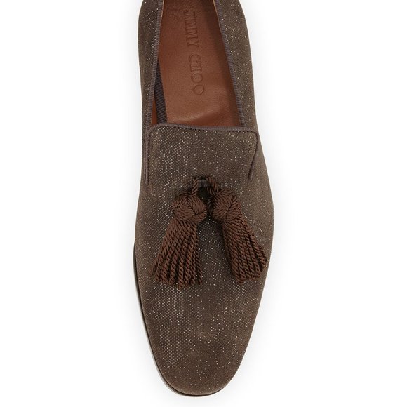 Jimmy Choo “Foxley” Men\'s Tassel Brown Suede Satin Glitter Loafer; Size 44.5;NIB main image 4